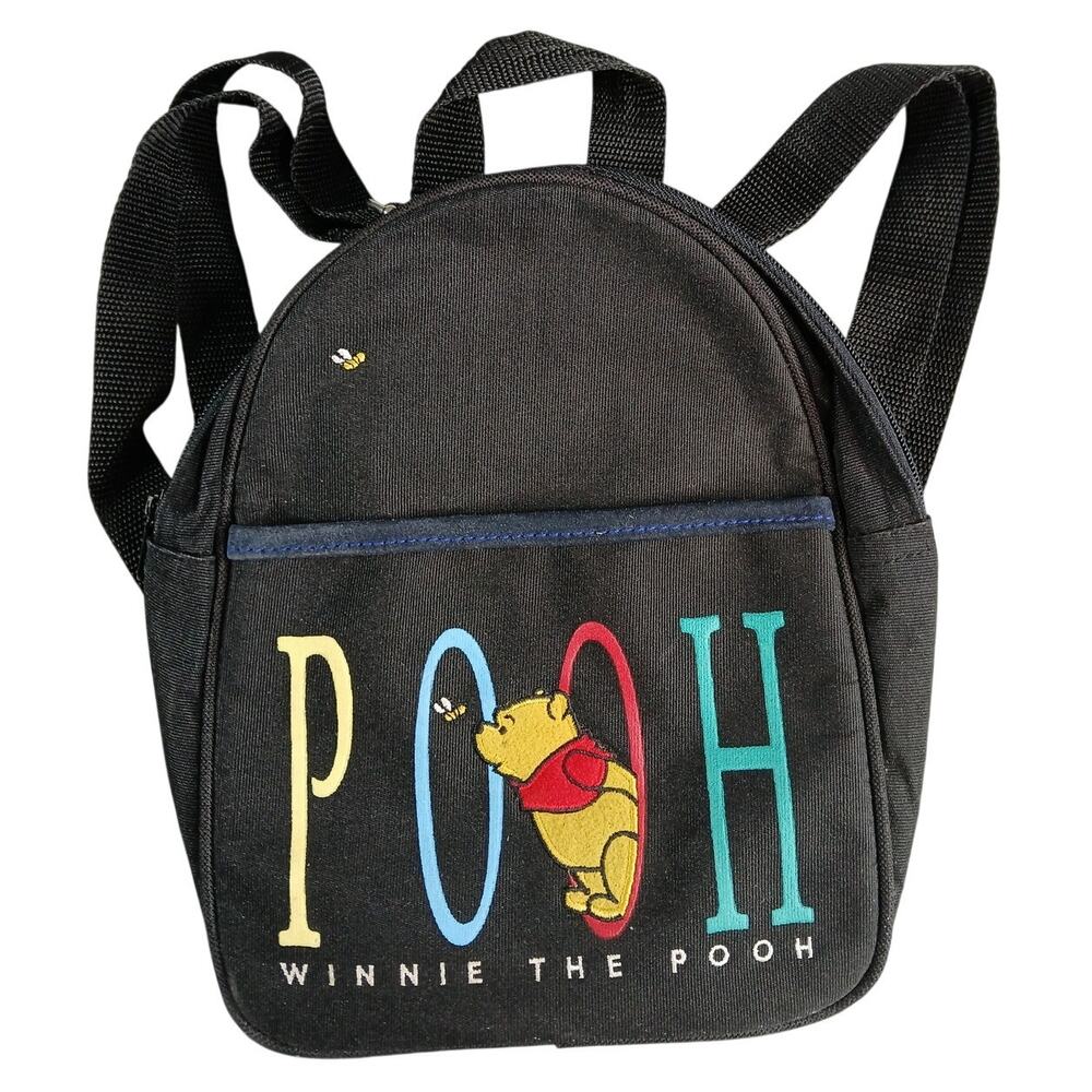 Vintage Winnie The Pooh Mini Backpack 1990's Black Straps Pocket Embroidered